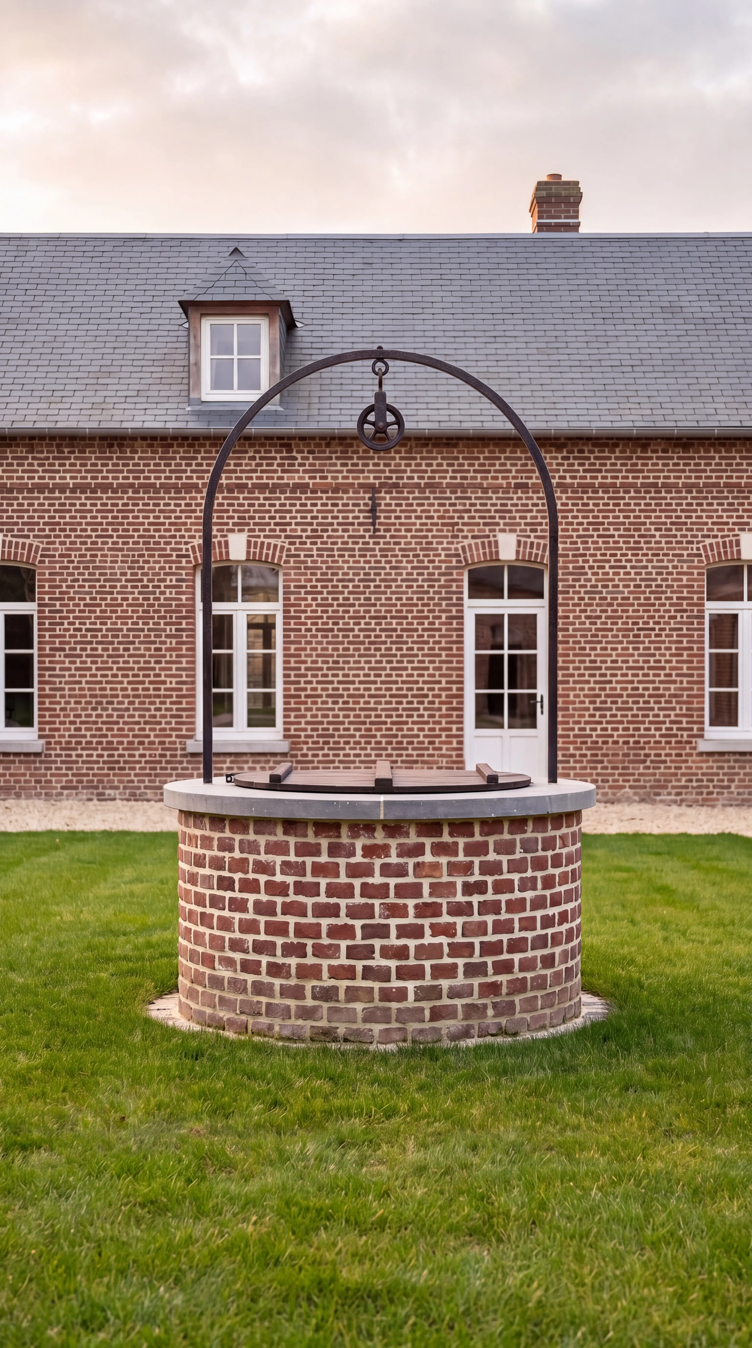 Puits de brique restauré, margelle en pierre bleue et potence en fer forgé, dans le jardin d’une maison en brique du Nord