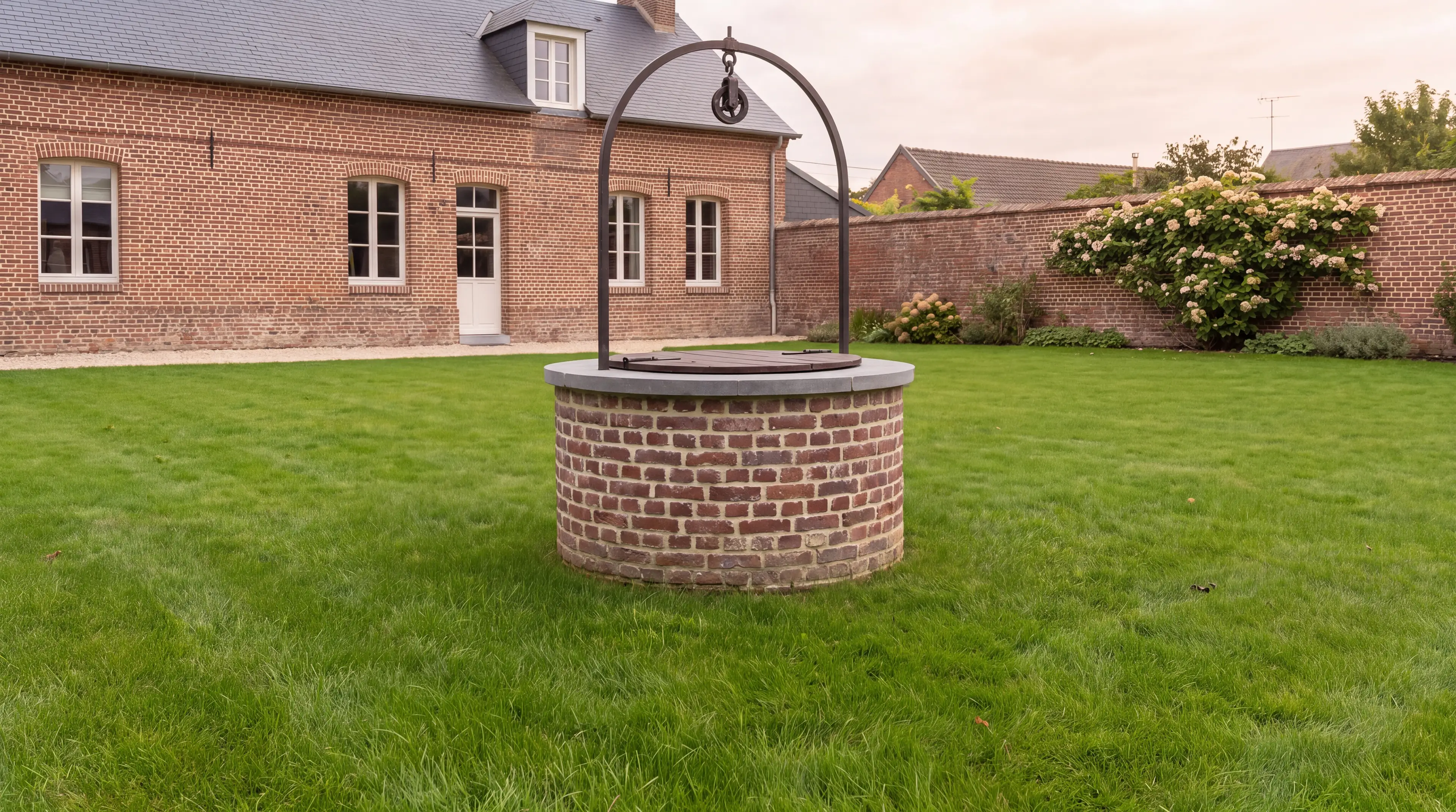 Puits de brique restauré, margelle en pierre bleue et potence en fer forgé, dans le jardin d’une maison en brique du Nord