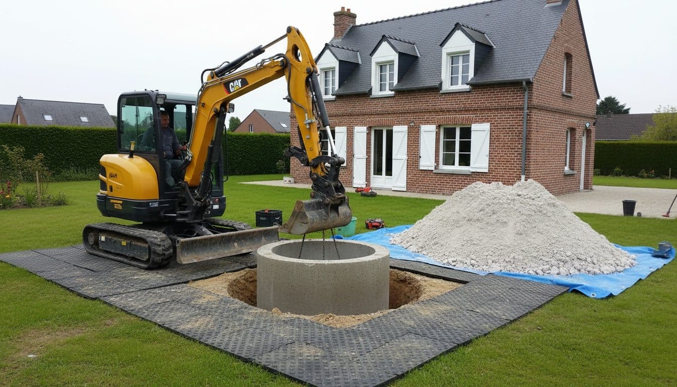 Mini-pelle descendant une buse en béton dans la fouille d’un puits neuf
