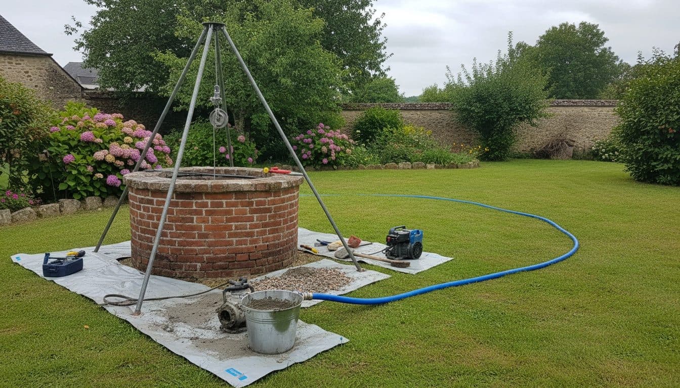 Trépied, pompe de chantier et seau de vase retirée à côté d’un puits en briques