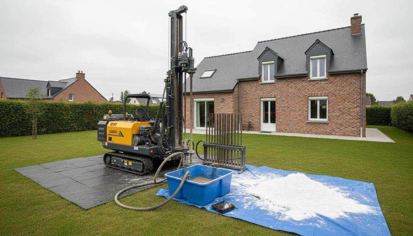 Petite foreuse sur chenilles dans un jardin, déblais de craie sur une bâche