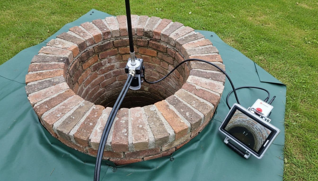 Caméra d’inspection descendue dans un vieux puits en briques