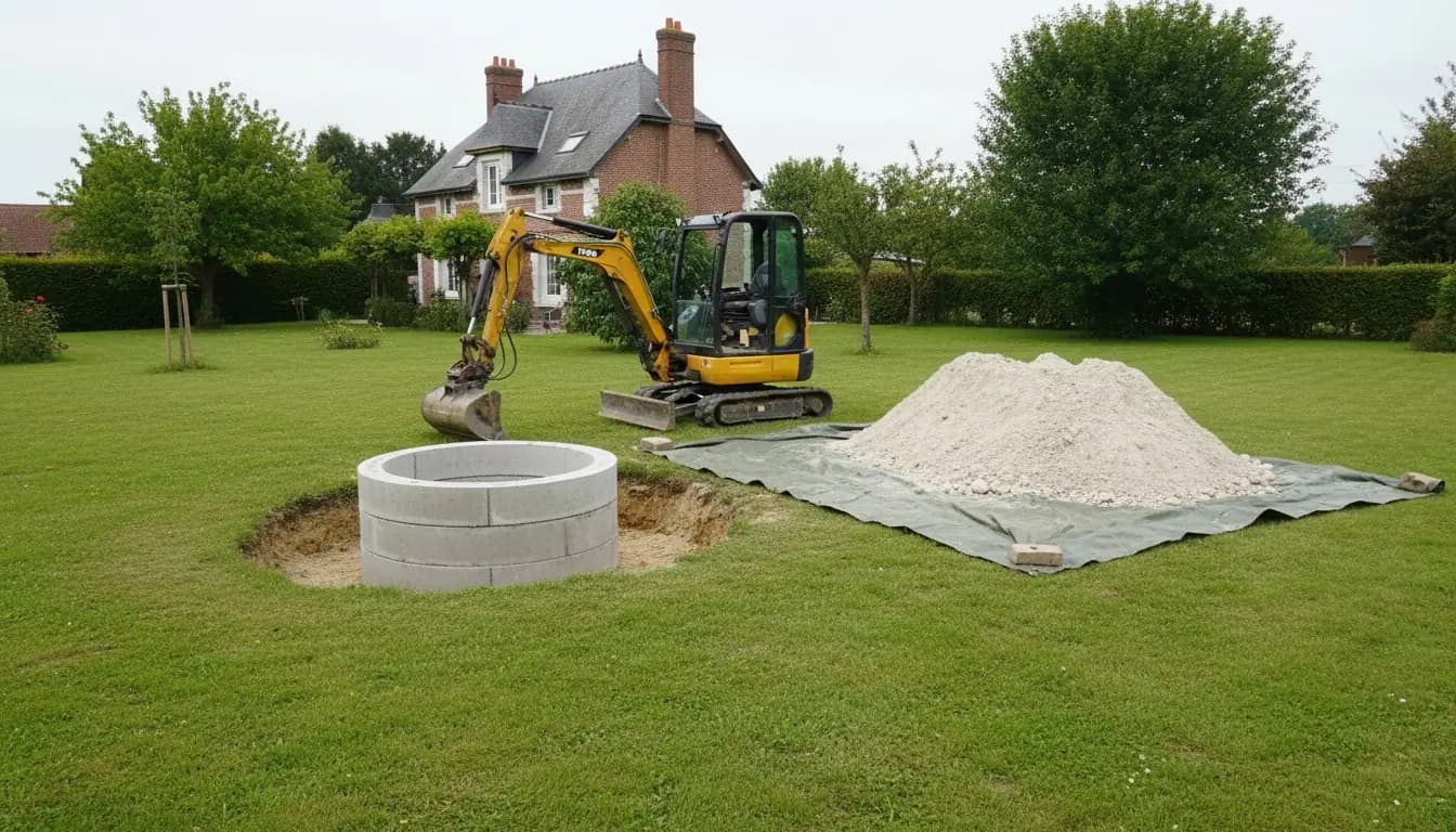 Puits neuf en buses de béton posé dans une pelouse, terre extraite sur une bâche