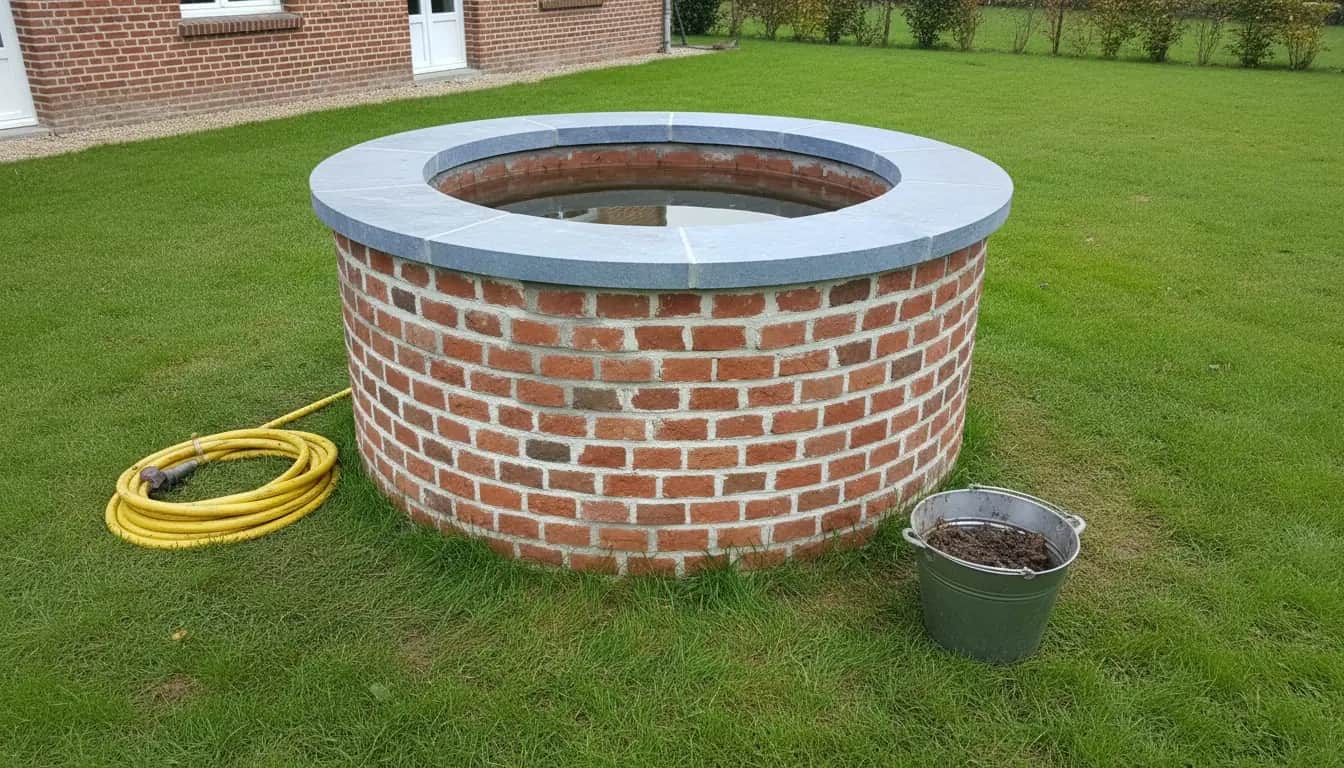Vieux puits en brique curé dans un jardin du Nord, eau claire au fond