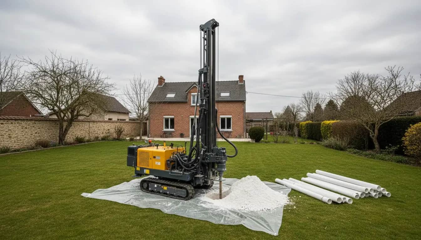 Foreuse installée dans un jardin du Nord pour un forage d’eau