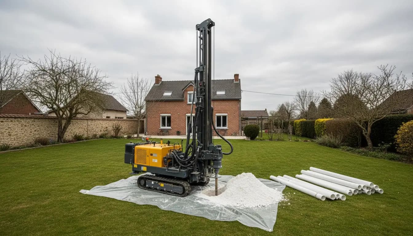 Petite foreuse sur chenilles au travail dans le jardin d’une maison en briques