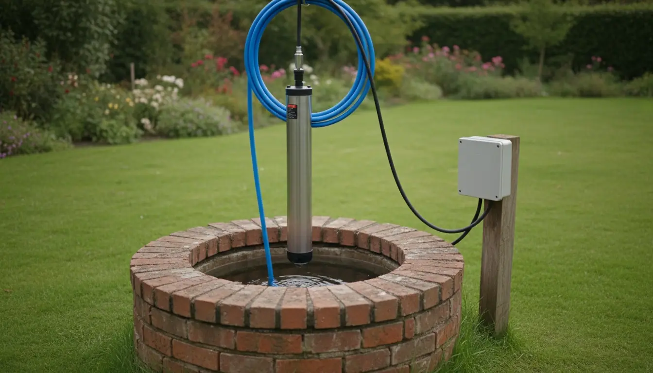 Pompe immergée et son tuyau descendus dans un puits en brique, coffret électrique sur un poteau