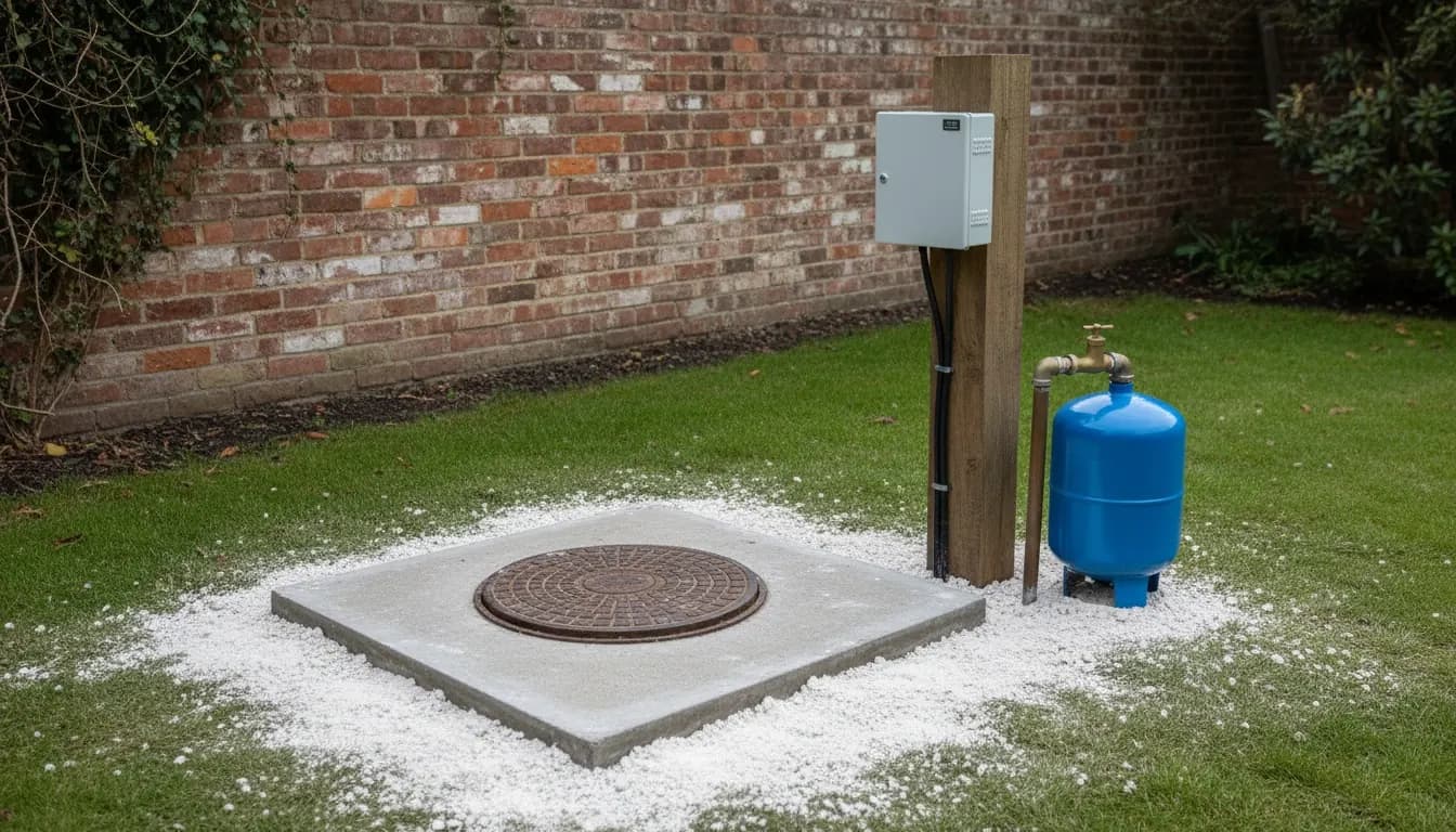 Forage fini, dalle en béton avec regard en fonte, coffret de commande et ballon d’eau, craie autour
