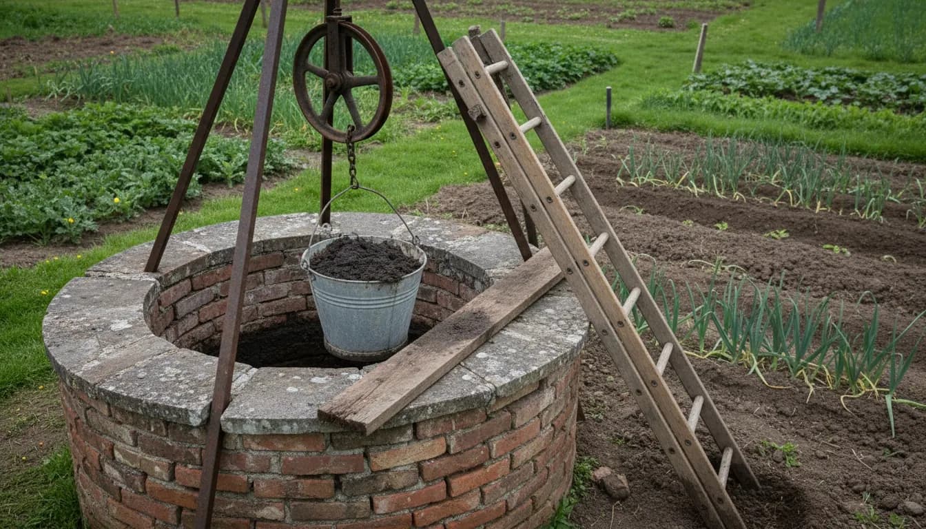 Curage d’un vieux puits en brique près d’un potager, trépied, échelle et seau de vase