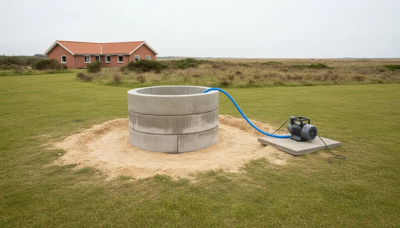 Puits neuf en buses de béton dans un sol sableux, pompe de surface sur une dalle