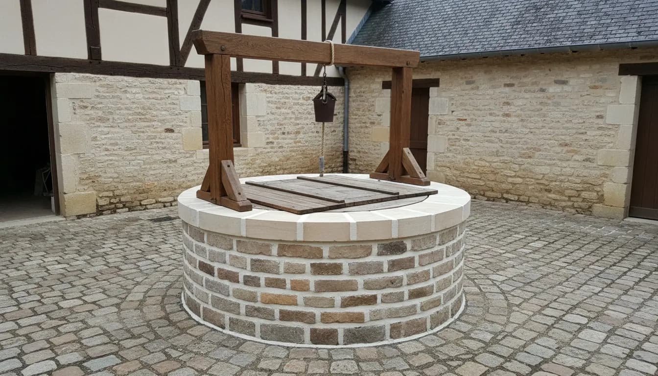 Puits en pierre calcaire et brique, margelle refaite et treuil en bois, cour pavée