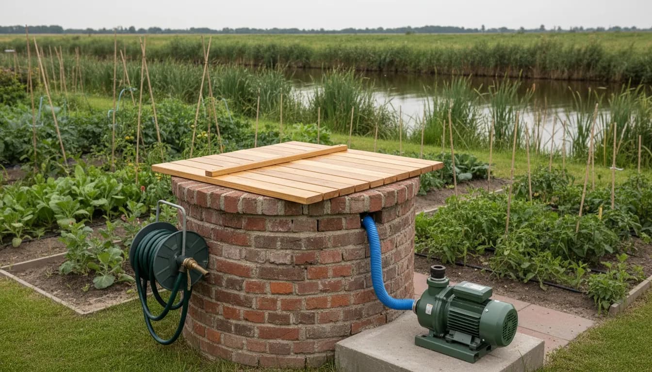 Puits en brique au couvercle en bois neuf, pompe de surface sur socle, canal bordé de roseaux