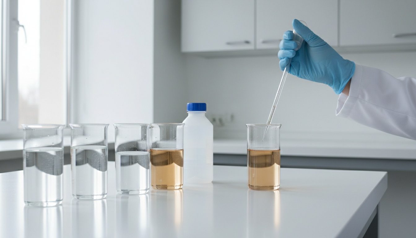 Échantillons d’eau de puits alignés sur la paillasse d’un laboratoire, prélevés au pipeteur
