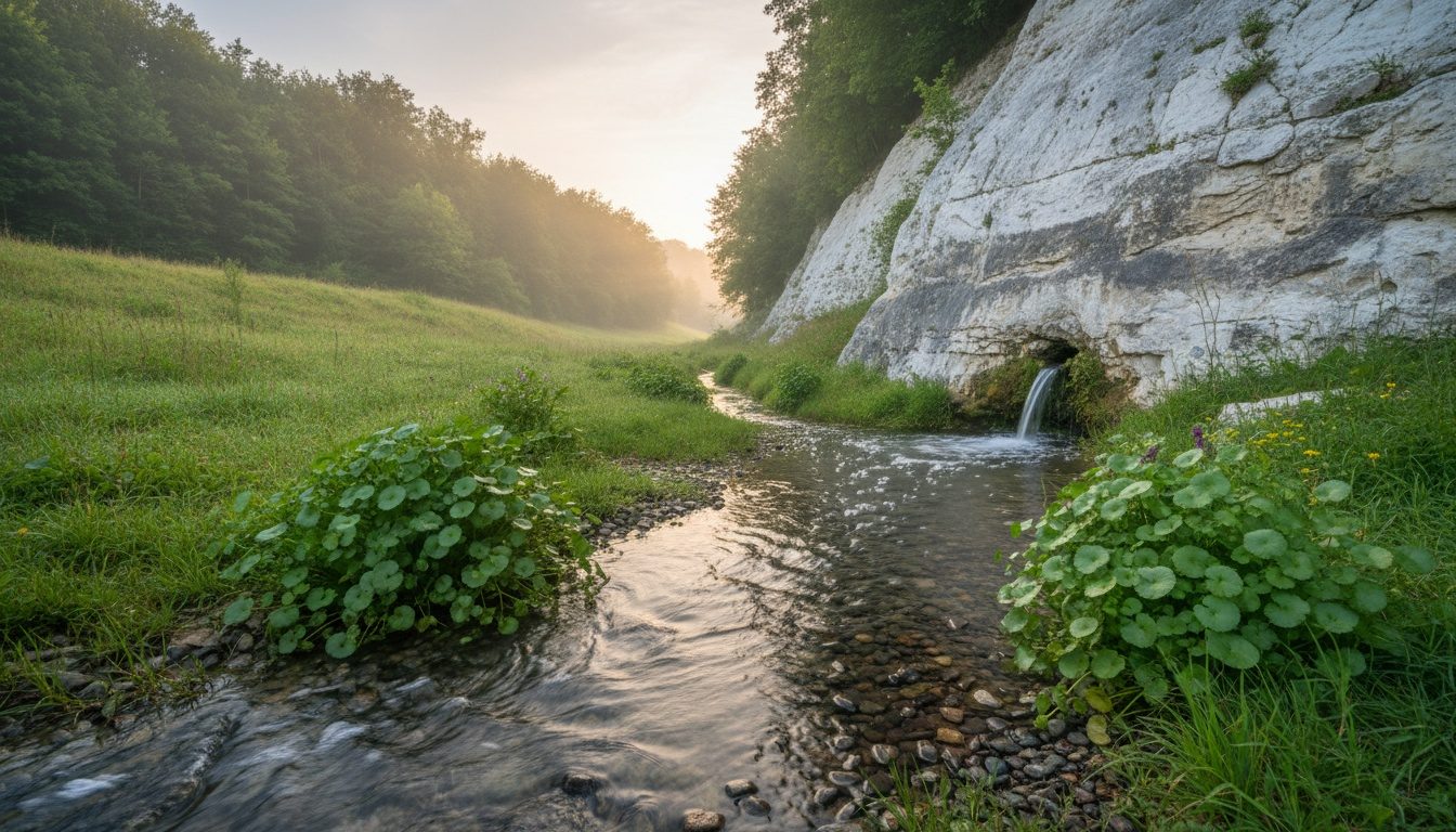 Source claire au pied d’un talus de craie dans une vallée de l’Artois