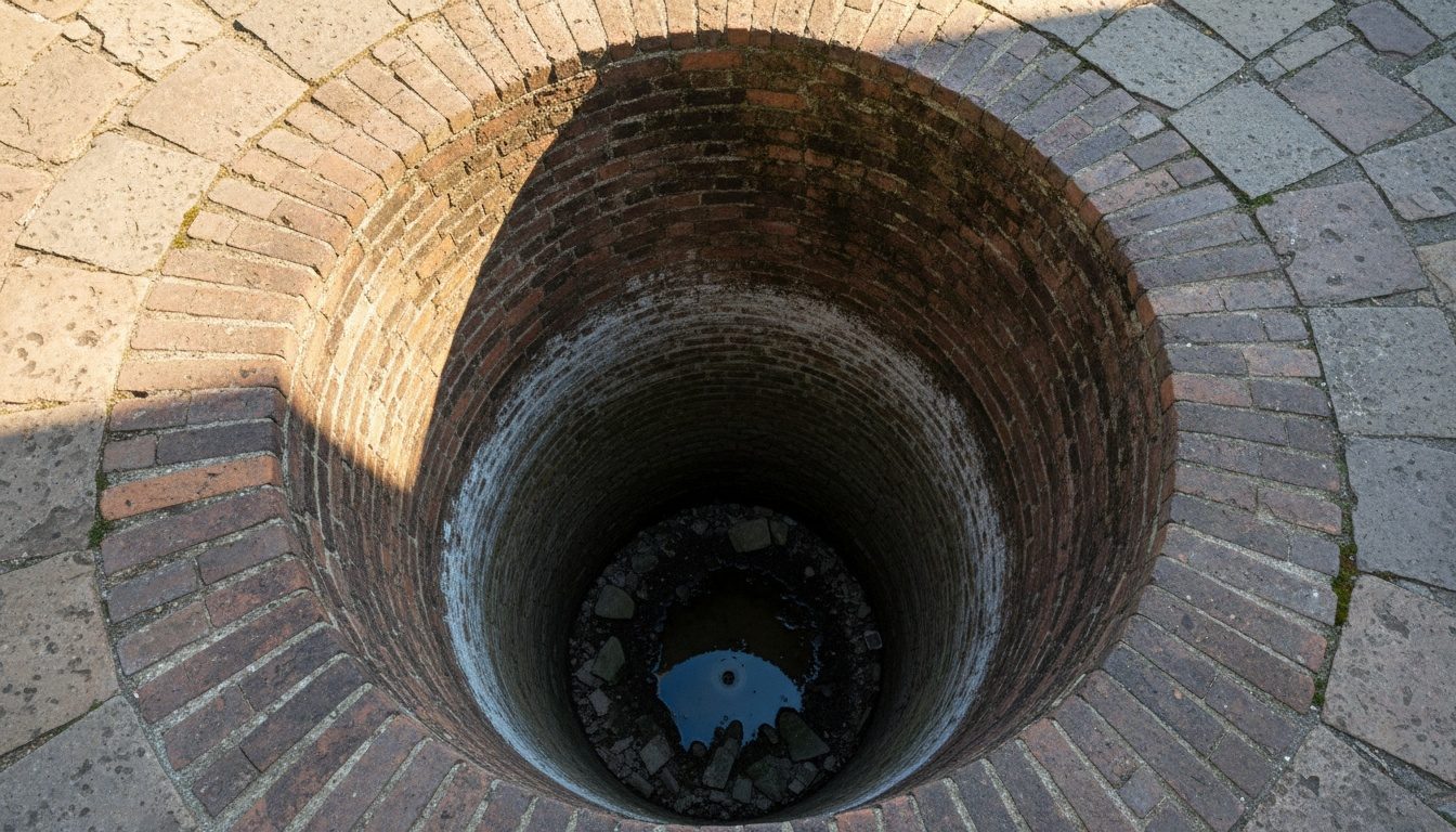 Fond d’un puits en briques en période sèche, eau très basse et trace de l’ancien niveau